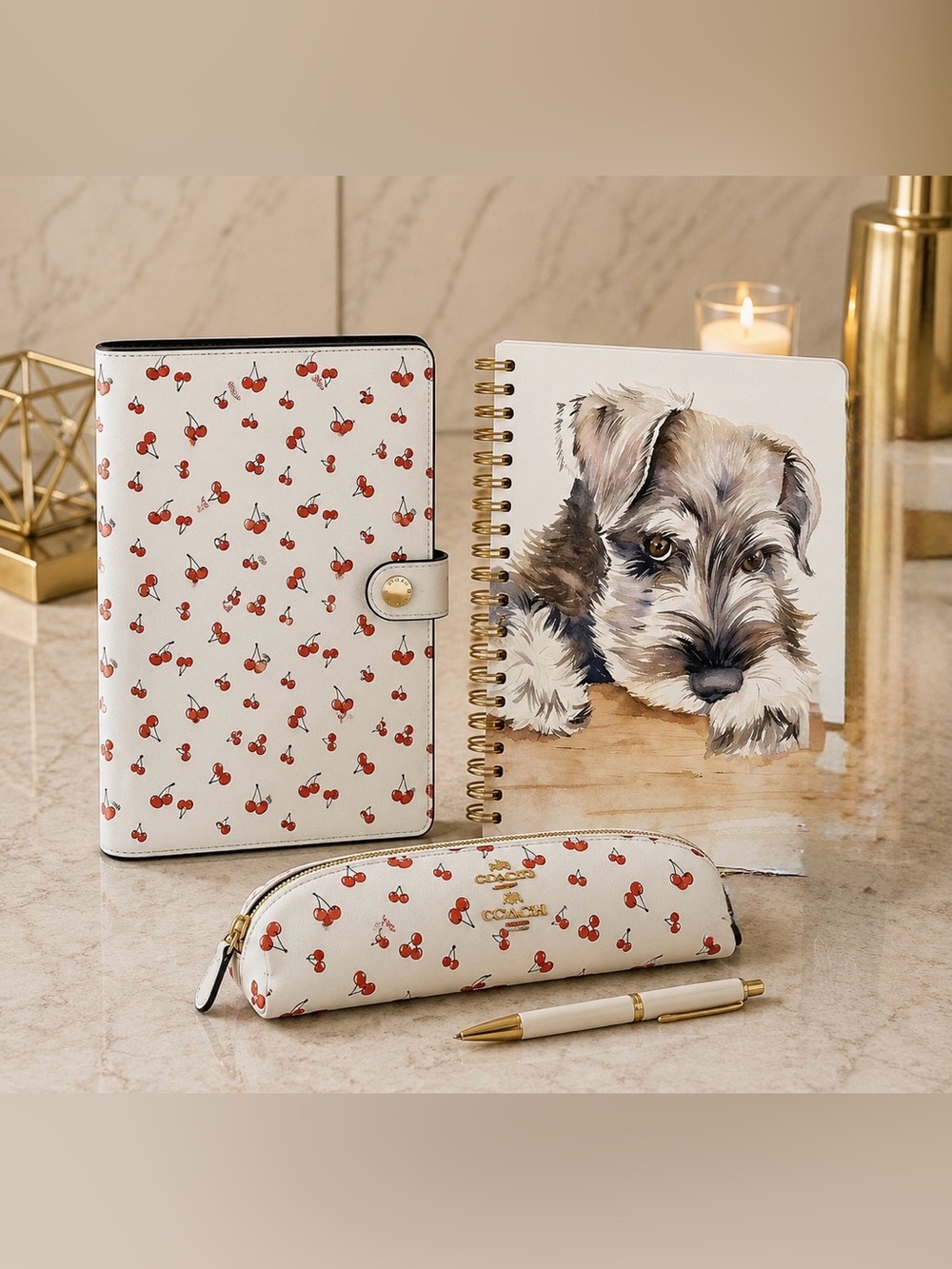 NEW Coach Notebook & Pencil Case Set with Cherry Print NWT + Schnauzer Notebook